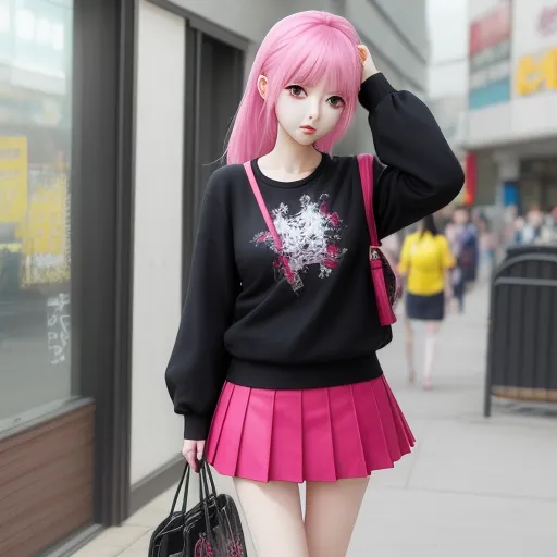 a girl with pink hair and a black sweater and a handbag is walking down the street with a handbag, by Sailor Moon