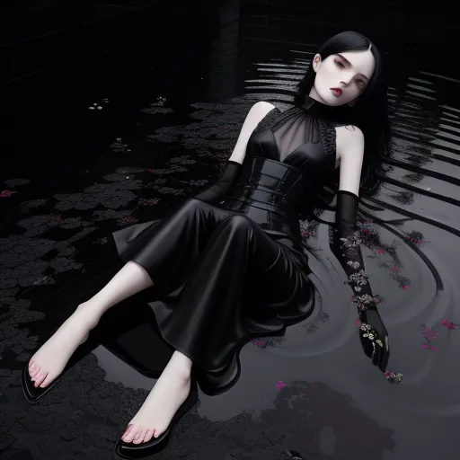 a woman in a black dress is sitting in the water with her legs crossed and her head resting on her hand, by Bella Kotak