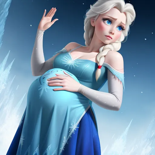 ai generate image - a pregnant woman dressed in a blue dress and holding her hand up to her belly, with snow falling around her, by Hanna-Barbera