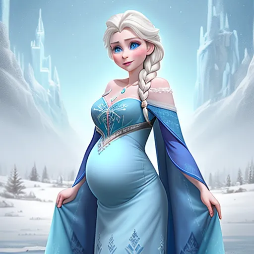 low resolution images - a pregnant woman in a frozen blue dress standing in front of a frozen castle with a frozen lake and snow covered mountains, by NHK Animation