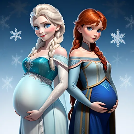 enhancer - a pregnant woman and a pregnant man in frozen princess dresses standing next to each other with snowflakes on the background, by NHK Animation