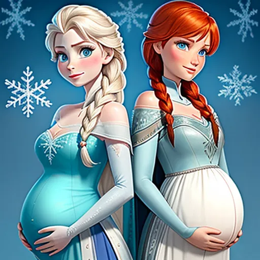 4k photo converter free - a pregnant woman and a pregnant woman in frozen princess dresses, standing next to each other with snowflakes on the background, by Hanna-Barbera