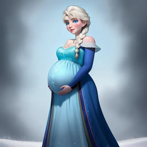 photo coverter - a pregnant woman dressed in a blue dress with a braid and a blue dress is standing in the snow, by Pixar Concept Artists