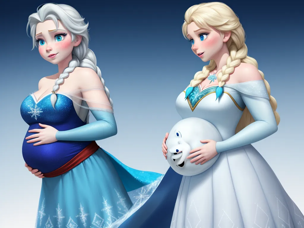 ai text to image - a pregnant woman in a blue dress next to a frozen princess in a blue dress with a white cat, by Hanna-Barbera