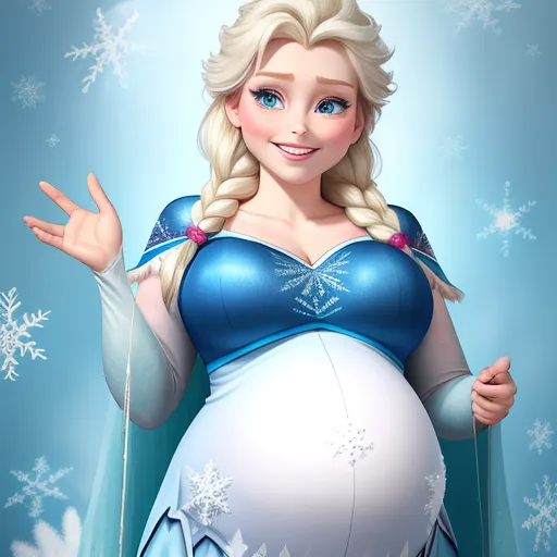 ai image genorator - a pregnant woman dressed in a frozen princess costume with snowflakes on her head and arms outstretched, with a snowflaked background of snowflakes, by Hanna-Barbera