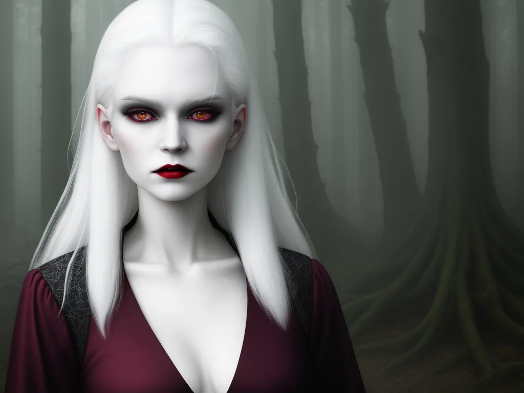 ai that creates any picture - a woman with white hair and red eyes in a forest with trees and fogs behind her is wearing a red dress, by Daniela Uhlig