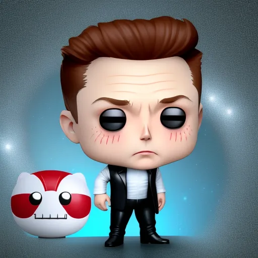 convert photo to 4k quality - a pop vinyl figure of a man with a red eyeball and a black suit with a white shirt, by Pixar