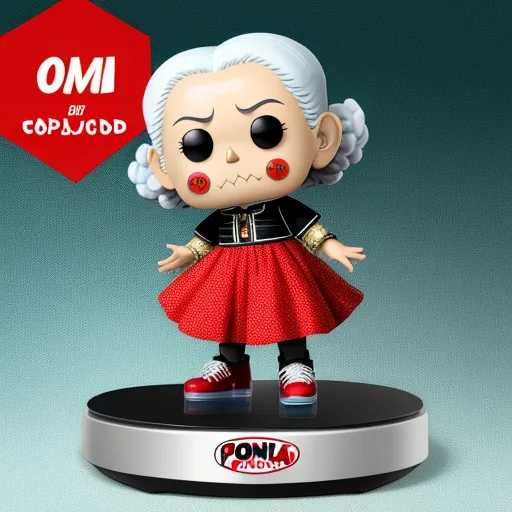 photo coverter - a little doll with big eyes and a red dress on a stand with a red sign above it that says omi and cop - 3 003, by Craola