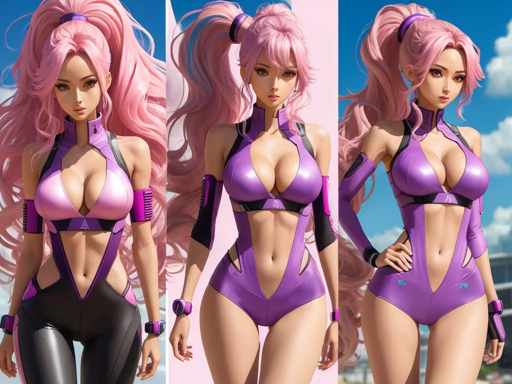 ai based photo editor - a woman in a purple bikini and black pants with pink hair and a pink wig and a pink wig, by Toei Animations