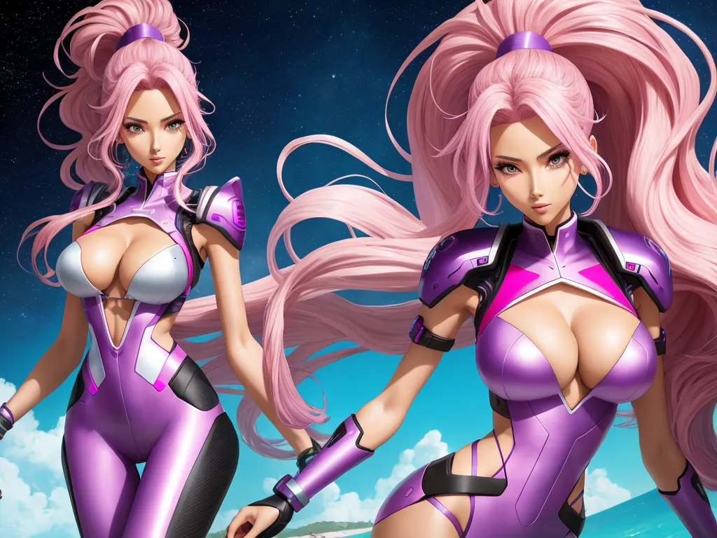 ai image generator from image - two cartoon characters in purple outfits with pink hair and a sky background with stars and clouds in the background, by Toei Animations
