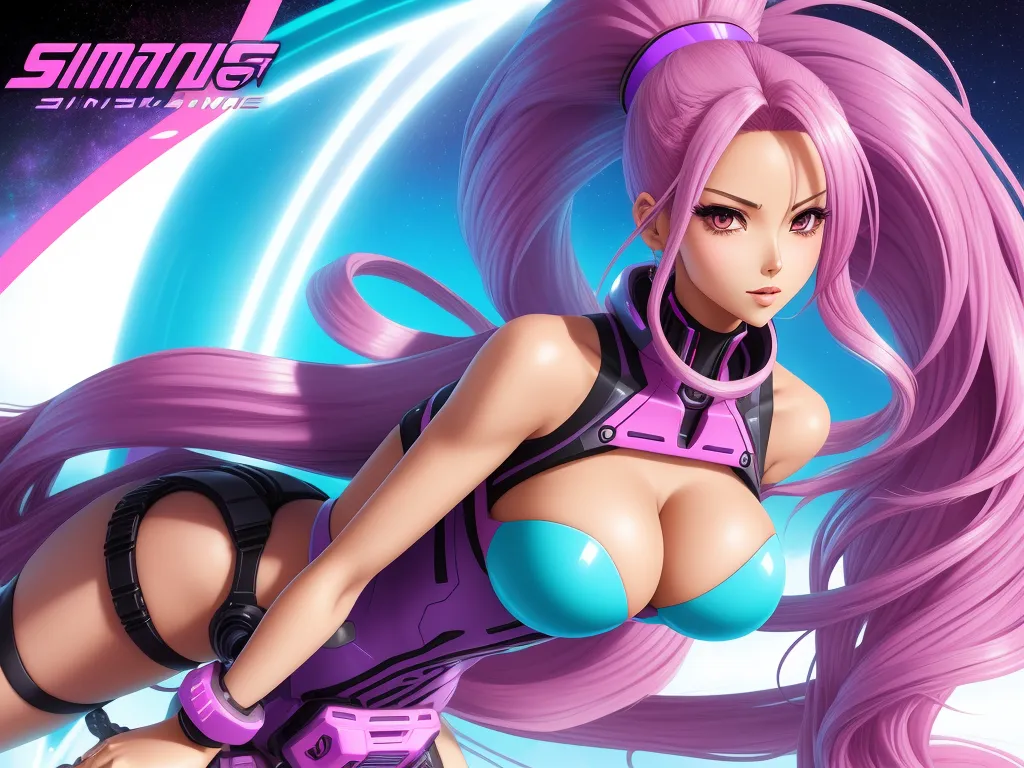 ai text-to-image - a cartoon girl with pink hair and a purple outfit is posing for a picture with a futuristic background and a futuristic background, by Masamune Shirow