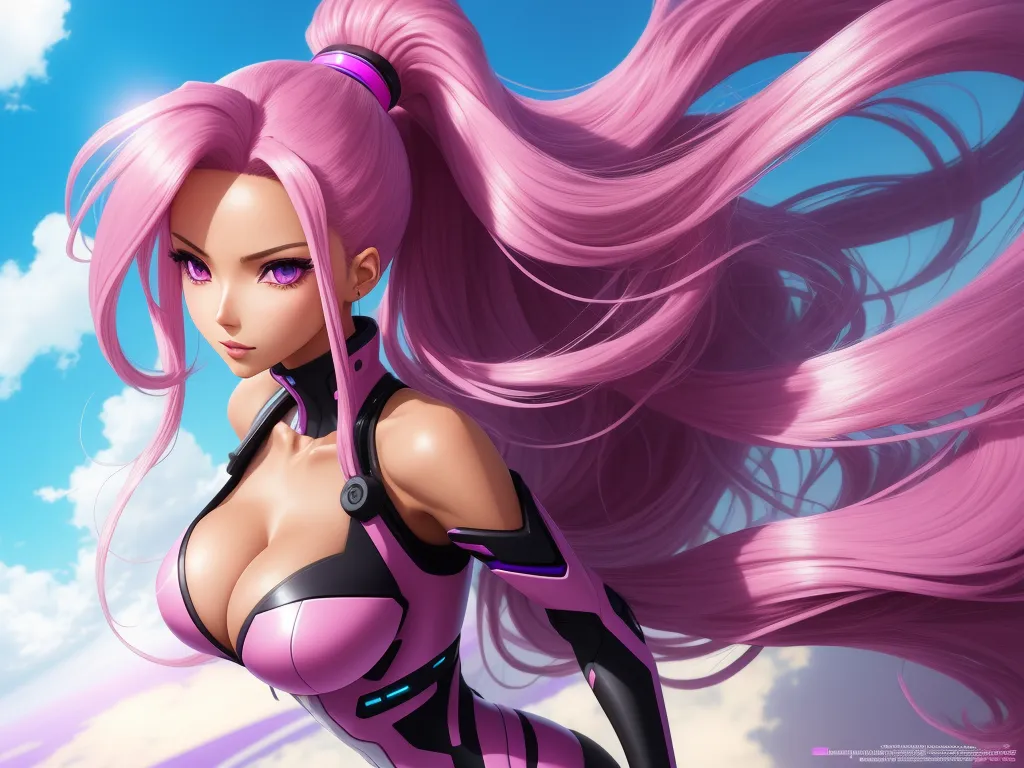 hd quality photo - a cartoon character with pink hair and a black outfit on a cloudy day with a sky background and clouds, by Hanabusa Itchō