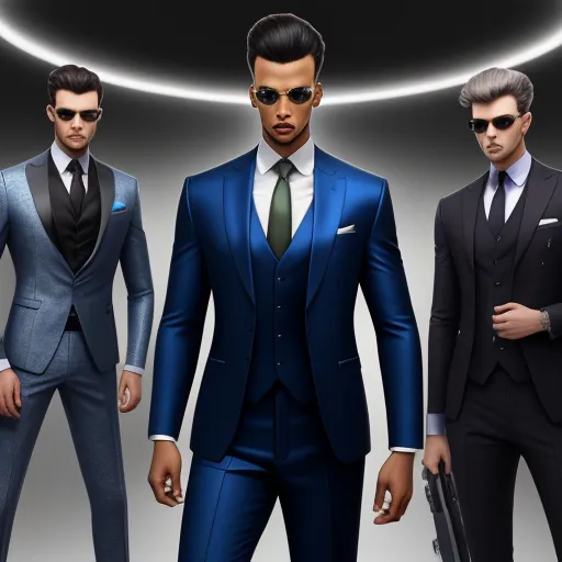 three men in suits and sunglasses standing next to each other in a dark room with a circular light above them, by Lois van Baarle