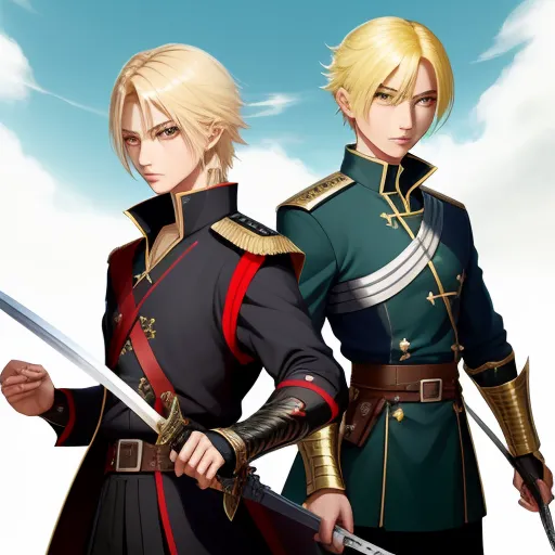 free high resolution images - two men in uniforms holding swords in their hands and looking at the camera with a sky background behind them, by Baiōken Eishun