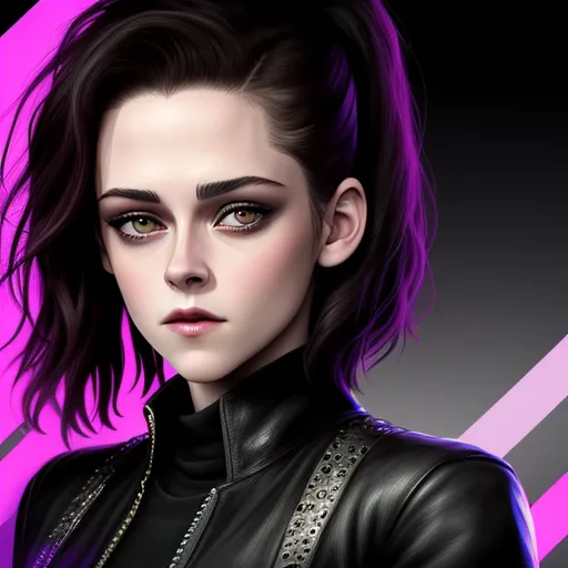 convert image to text ai - a woman with a black top and purple hair and a black jacket with a chain around her neck and a pink background, by Daniela Uhlig