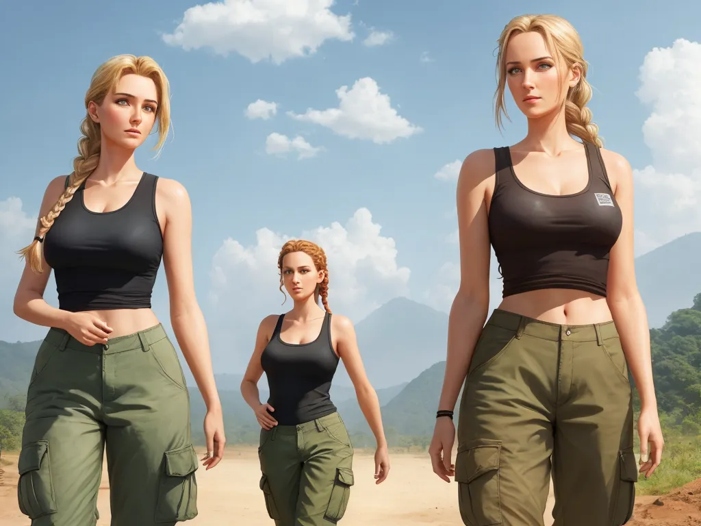 three women in black tops and khaki pants walking on a dirt road with mountains in the background, by Chen Daofu