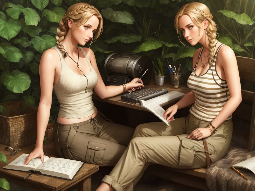 increase image resolution - two women sitting on a bench with a laptop computer in their hands and a book in their lap top, by Lois van Baarle