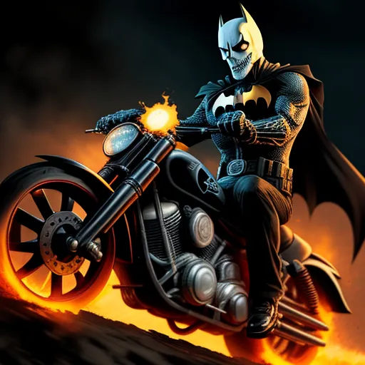 a man riding a motorcycle on a fire covered road with flames coming out of the back of it and a bat on the front, by Ethan Van Sciver