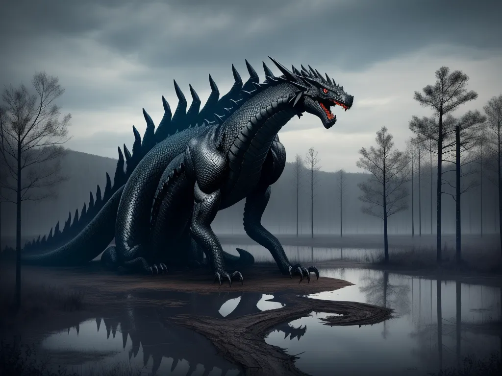 ai image generators - a black dragon is standing in the water near a forest and a lake with trees on it's sides, by Alison Kinnaird
