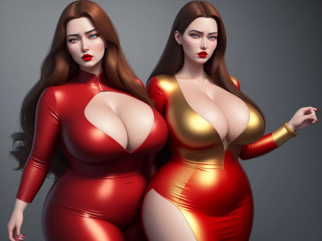 two women in red and gold dresses posing for a picture together, both wearing red lipstick and gold bodysuits, by Hanna-Barbera