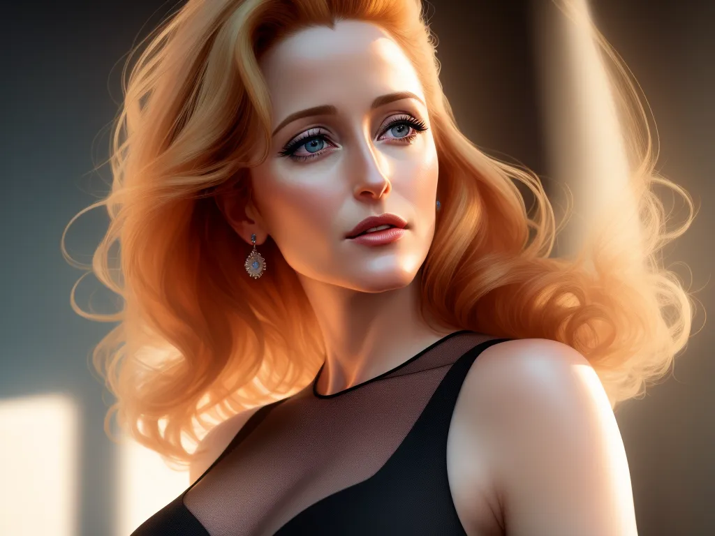 increase image resolution - a painting of a woman with red hair and blue eyes wearing a black dress and earrings, with a black background, by Lois van Baarle