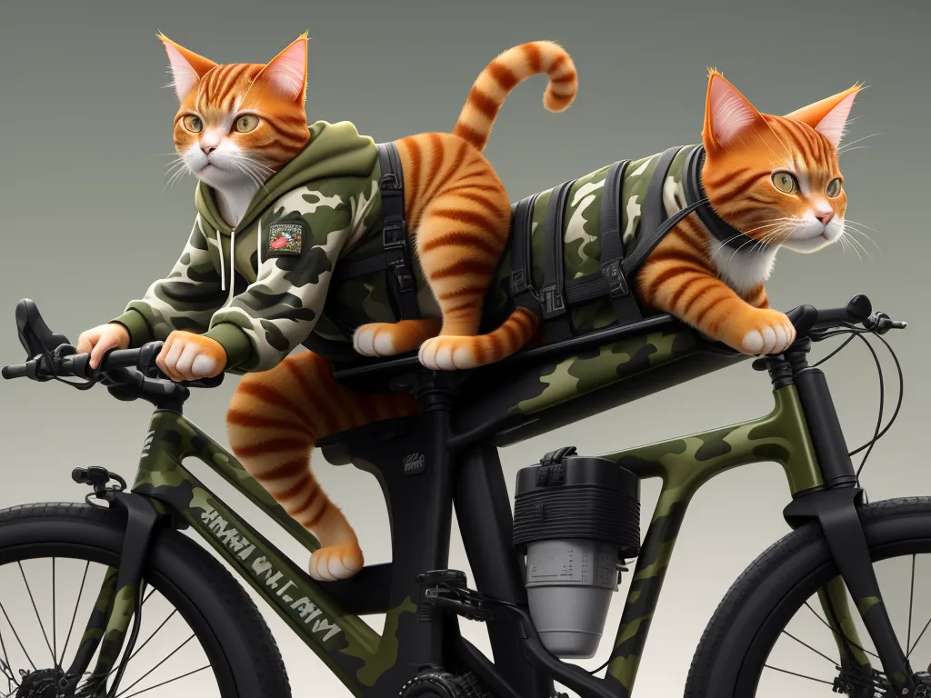 ai generated images from text - a cat is sitting on the back of a bike with a camouflage jacket on it's back and a camouflage backpack on its back, by NHK Animation