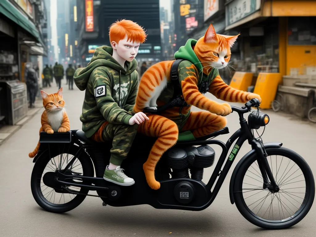 a boy and a cat are riding a motorcycle together in the street with a cat on the back of the bike, by Akira Toriyama
