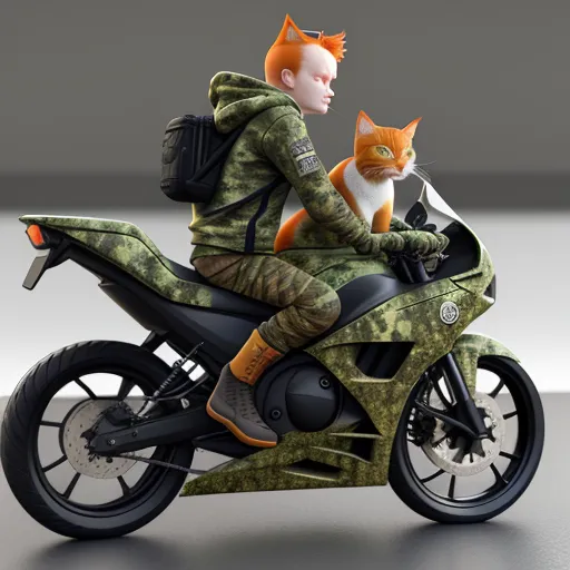 a cat sitting on the back of a motorcycle with a man in camouflage clothing on it's seat, by Terada Katsuya