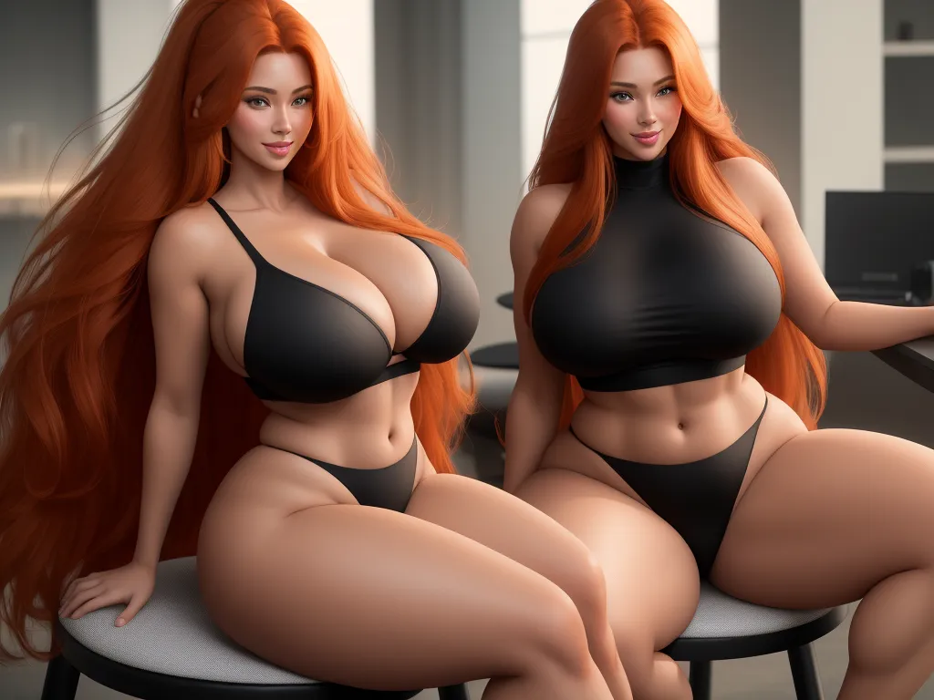 nsfw ai image generator - a very attractive woman in a black bikini sitting on a chair with a red hair and a black bra, by Toei Animations