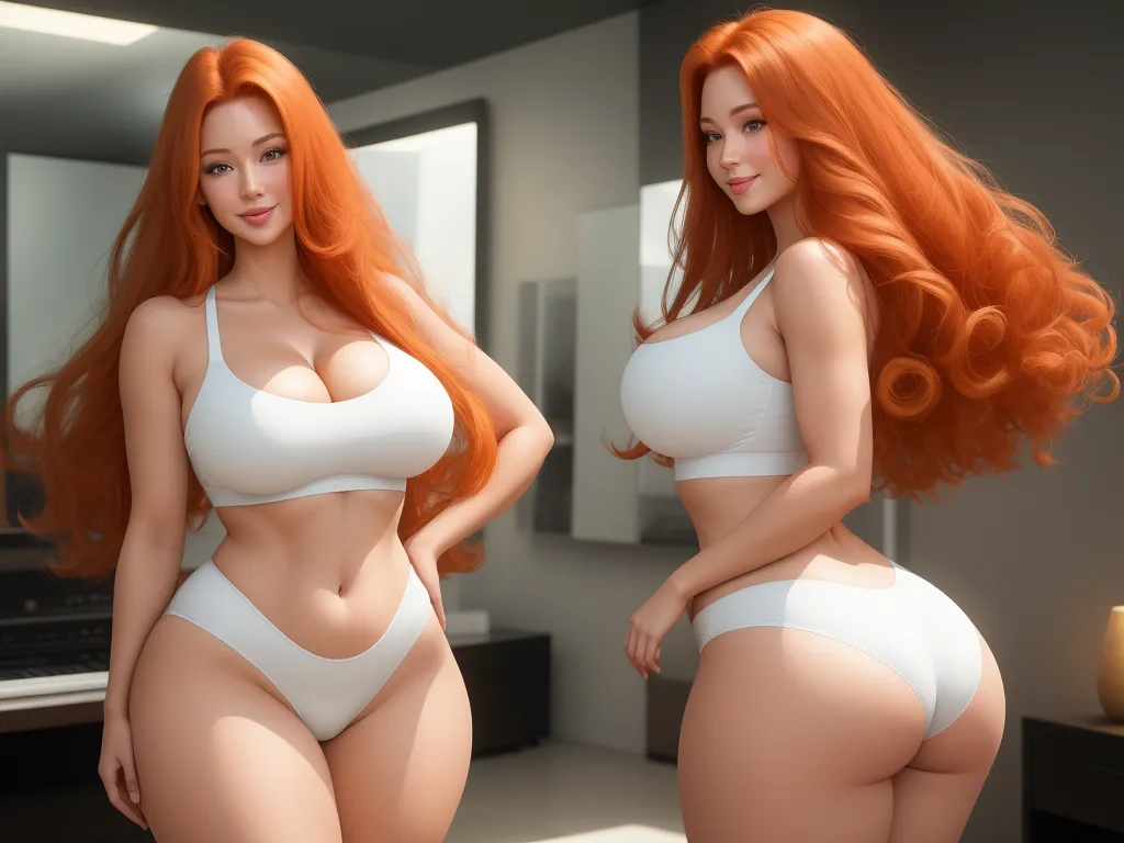 a woman in a white bikini posing for a picture in a bathroom with long red hair and a mirror, by Akira Toriyama