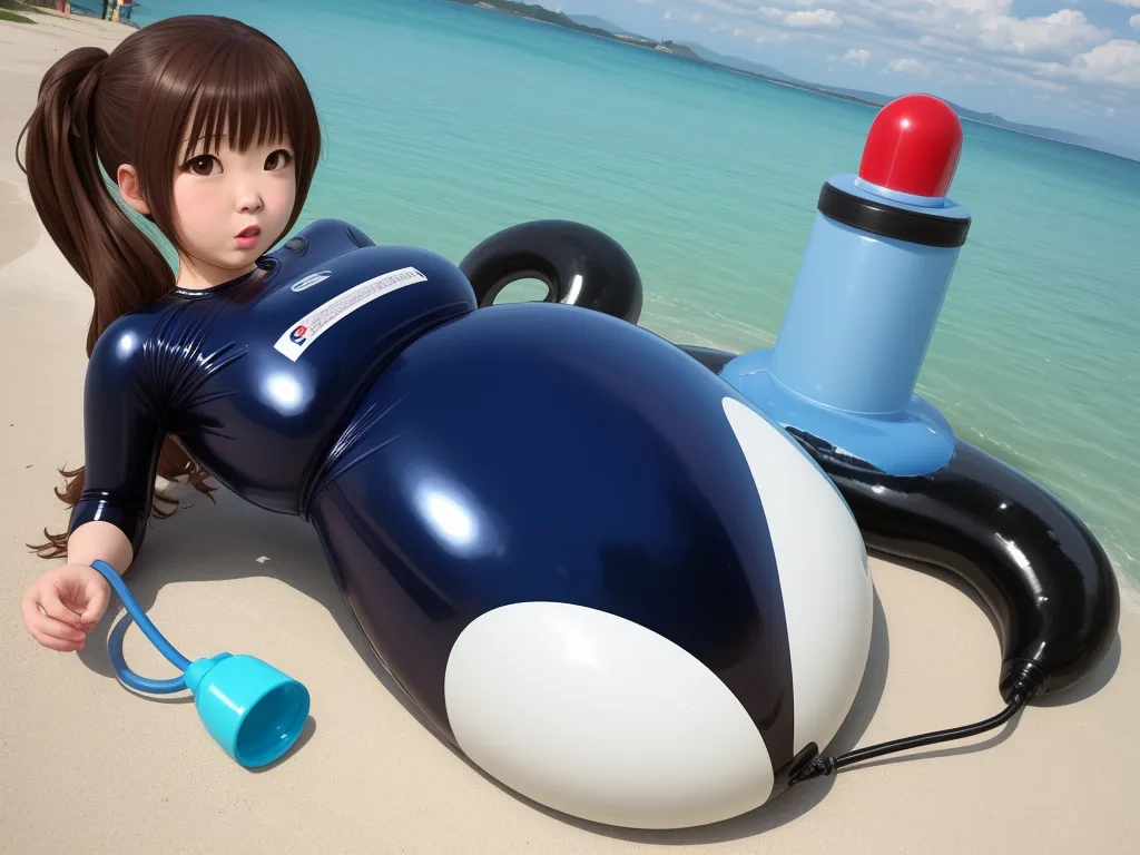 enlarge image - a woman laying on the beach next to a giant inflatable object with a blow up gun on it, by Terada Katsuya