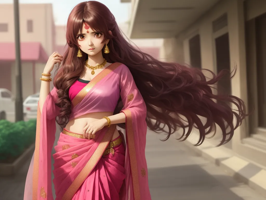 word to image generator - a woman with long hair in a pink sari and gold jewelry is walking down a street with a pink building, by Hidari Jingorō