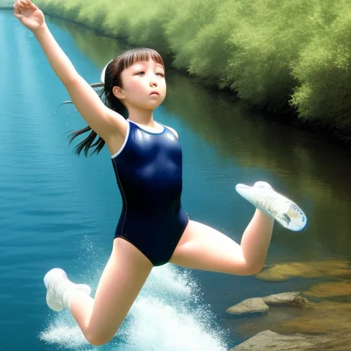 a girl in a blue leotard jumping into the water with a frisbee in her hand, by Satoshi Kon