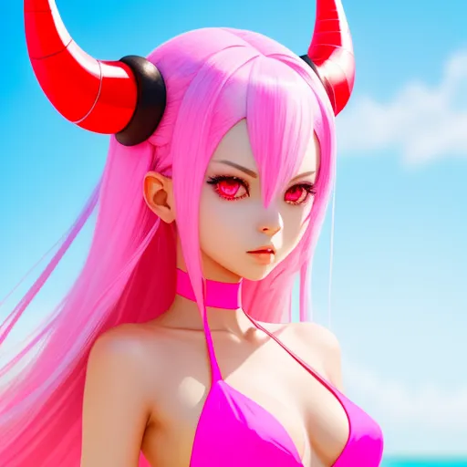 ai text to photo - a pink haired girl with horns and a pink bikini top on a beach with a blue sky in the background, by Toei Animations