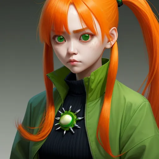 4k to 1080p photo converter - a cartoon girl with orange hair and green eyes wearing a green jacket and a green necklace with a green ball, by Akira Toriyama