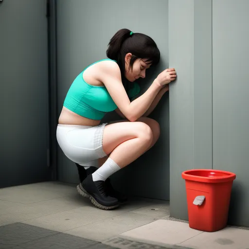 a woman squatting on the floor next to a red bucket and a gray wall with a green shirt, by Satoshi Kon
