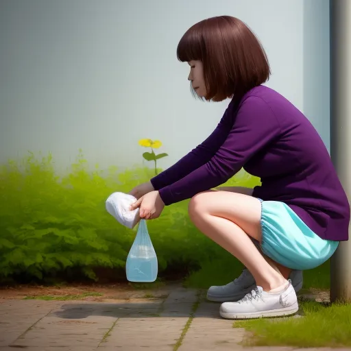 1080p to 4k converter - a woman squatting down with a water bottle in her hand and a flower in her other hand, in front of a building, by Naomi Okubo