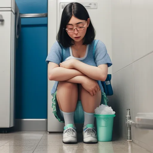 a woman sitting on a toilet with her legs crossed and her legs crossed, with a bucket of cleaning supplies in front of her, by Chen Daofu