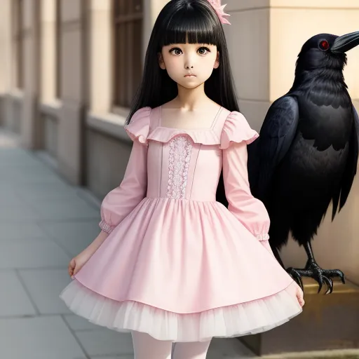 a little girl standing next to a black bird on a sidewalk in front of a building with a pink dress, by Sailor Moon