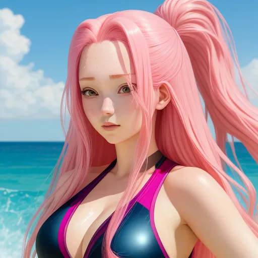 a woman with pink hair standing in front of the ocean with a pink wig on her head and a blue bikini top, by Akira Toriyama