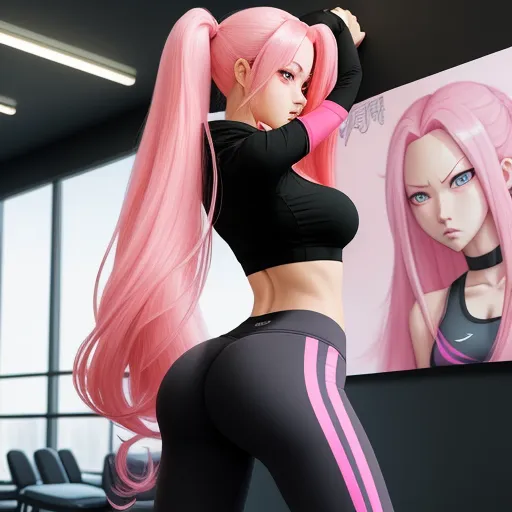 a woman with pink hair and a pink wig is posing in front of a picture of a woman with pink hair, by Akira Toriyama