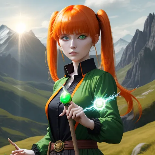 ai image creator from text - a woman with orange hair holding a wand and a green ball in her hand in front of a mountain, by Akira Toriyama