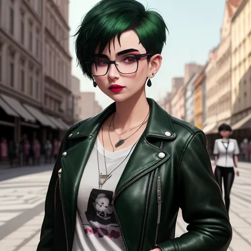 a woman with green hair and glasses on a street corner with people walking by in the background and a man in a white shirt and black jacket, by Lois van Baarle