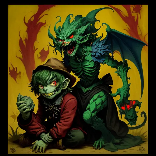 a painting of a demon and a demon with a hat on, sitting on the ground, both holding a green apple, by Jamie Hewlett