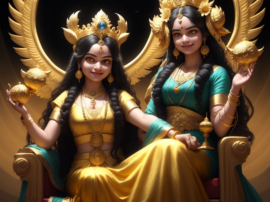 ai that can generate images - two women sitting on a chair with gold decorations on their heads and arms, both wearing gold jewelry and holding a golden object, by Lois van Baarle