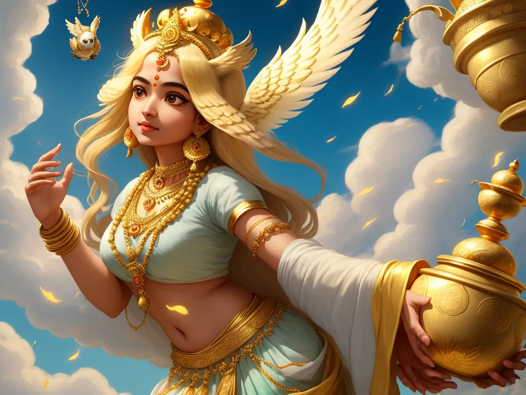 a woman dressed in a golden outfit holding a pot and a golden cup in her hand and a gold bird flying above her, by Daniela Uhlig