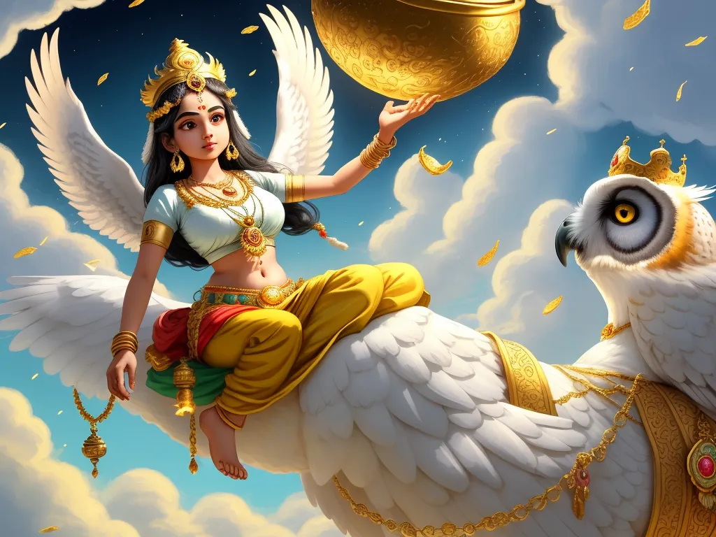 a painting of a woman on a white owl with a golden bowl in her hand and a gold owl on her shoulder, by Hanna-Barbera