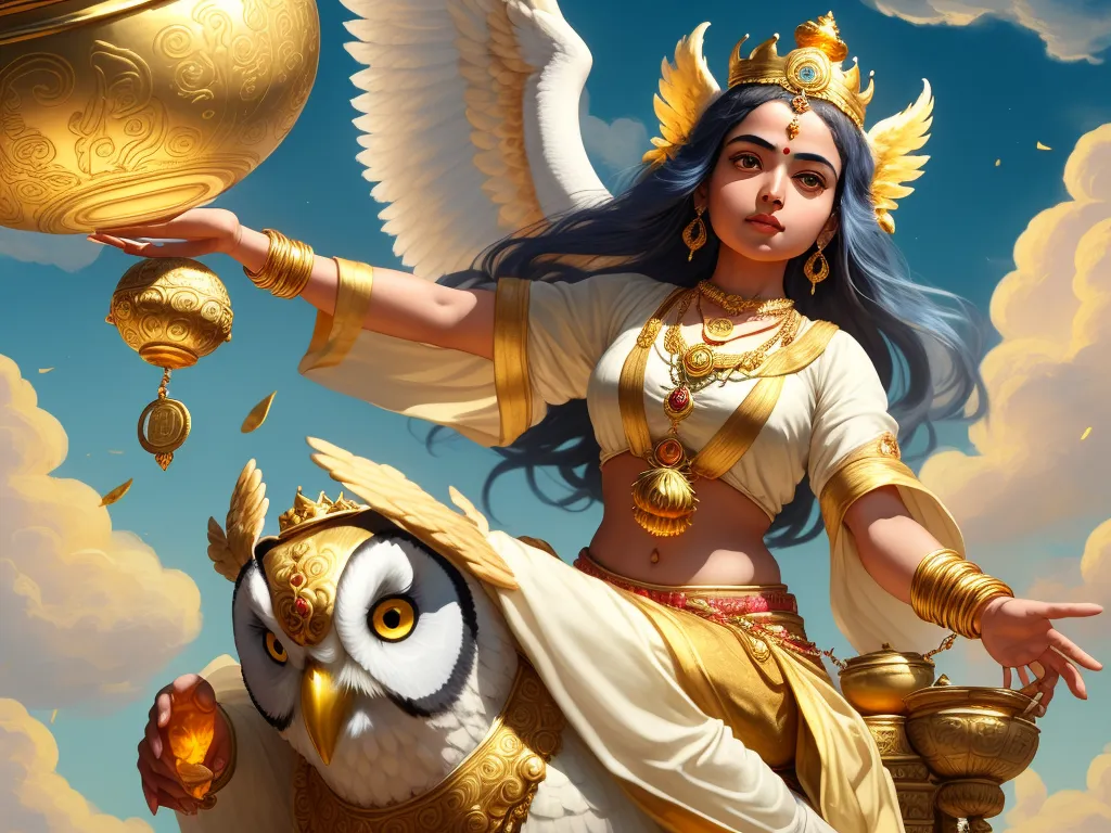 a woman riding on the back of a white owl next to a golden pot and a gold owl statue, by Daniela Uhlig