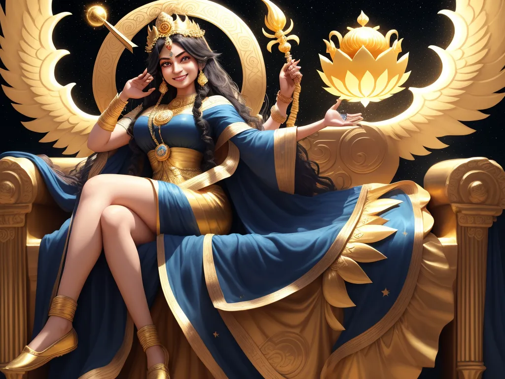 a woman in a blue dress sitting on a golden throne holding a golden object in her hand and a golden lotus, by Lois van Baarle