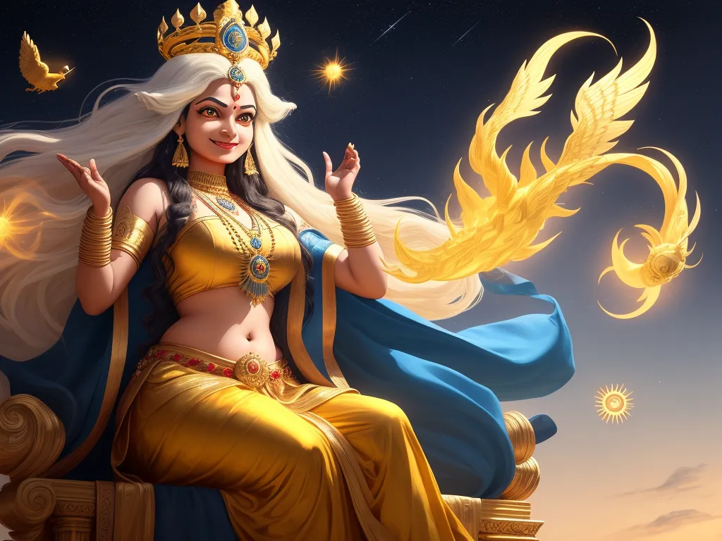 1080p to 4k converter picture - a woman in a golden dress sitting on a throne with a golden dragon on her arm and a blue cape on her head, by Raja Ravi Varma